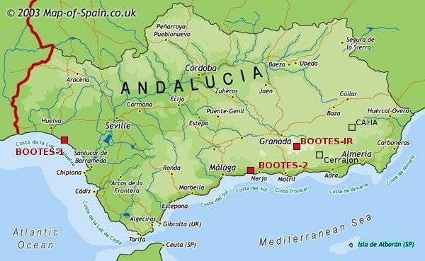 Map of Andalucia with BOOTES stations marked.